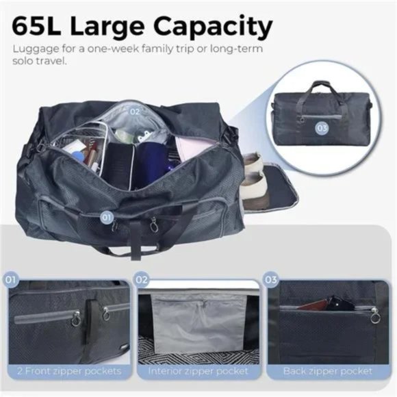 Foldable Travel Duffel Bags for Men Dark Gray) Water Resistant Duffle Bag - Picture 4 of 7